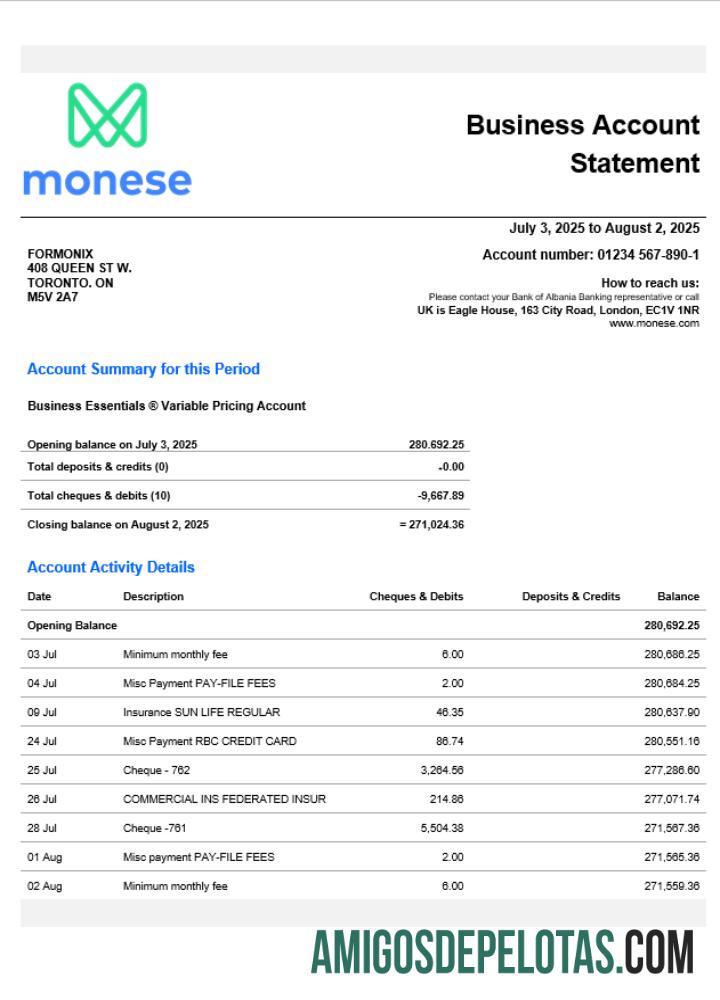 Realista Reino Unido Monese Firm modelo de extrato de conta Word e PDF